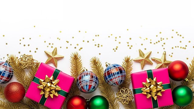 Christmas Celebration Border with Gift Boxes and Baubles