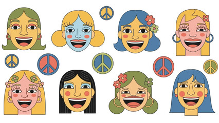 Collection of diverse cartoon women faces with peace signs, depicting a retro 60s hippie style with vibrant colors and joyful expressions.