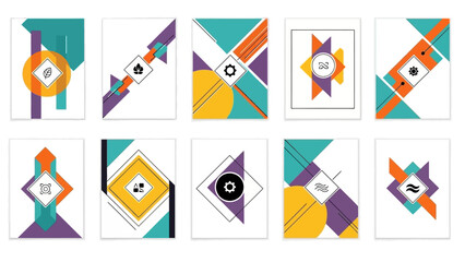 A collection of ten abstract geometric designs featuring circles, squares, triangles, and lines in a vibrant palette of teal, orange, and purple, suitable for modern graphic templates.