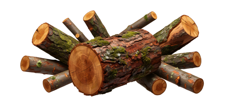 Dynamic arrangement of cut pine wood logs isolated on transparent background