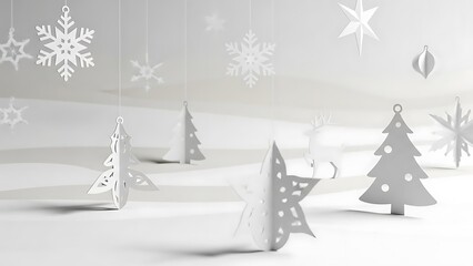 Delicate white paper christmas decorations and snowflakes