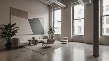 Spacious Modern Loft Interior with Minimalist Decor and Large Windows.