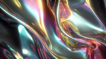 Molten liquid metal texture, iridescent sheen, reflective chrome surface, futuristic metallic aesthetic, smooth curves, high-detail 3D render, premium abstract background.