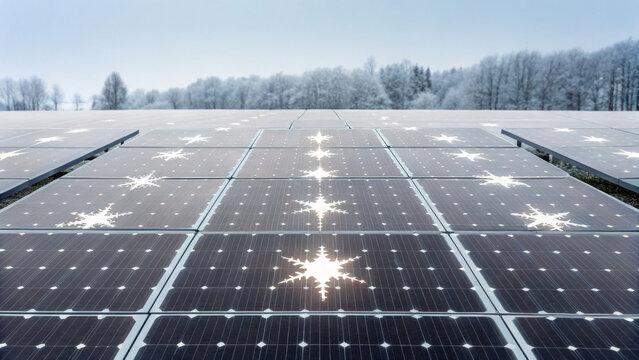 Christmas green energy eco friendly solar panel field with snowflake reflection in winter landscape creating festive and sustainable atmosphere