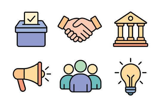 Set of flat design icons representing voting partnership government communication teamwork and ideas