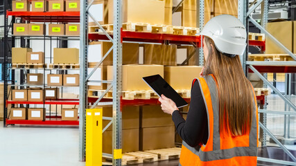 Warehouse management specialist checks inventory with a tablet, inspecting stocked shelves and organizing logistics to ensure accurate storage and efficient supply operations.