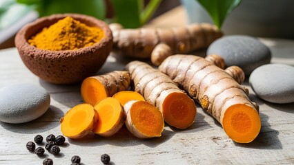 Variety of Indian spices turmeric cumin curry powder food setup