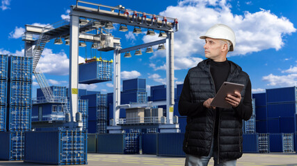Port logistics supervisor monitors container handling with a tablet as cranes move cargo units, ensuring efficient loading operations and coordination across the shipping terminal.