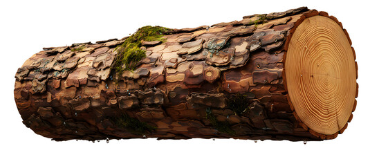 Cut pine wood log with rough bark moss and water droplets isolated on transparent background