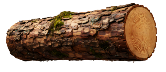Cut pine wood log with rough bark moss and water droplets isolated on transparent background
