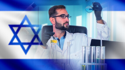 Scientific research specialist conducts chemical analysis with test liquids in a laboratory, demonstrating analytical work and experimental studies associated with Israel’s innovation sector.