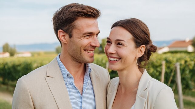Man and woman posing at a vineyard.