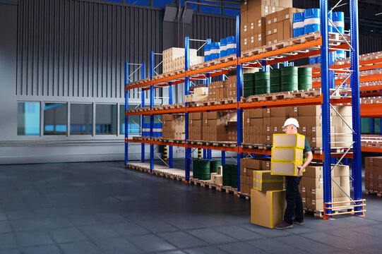 Warehouse logistics worker handles stacked cardboard boxes near stocked shelves, performing manual loading tasks and supporting storage operations in an organized facility.