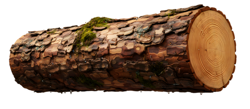 Cut pine wood log with rough bark moss and water droplets isolated on transparent background