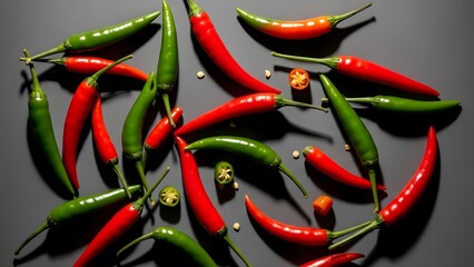 Fresh red and green chili peppers mixed color spice close up