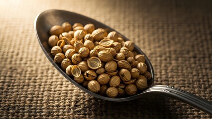 White peppercorns on metal spoon close up aromatic spice photography