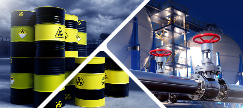 Hazardous materials management involves storing radioactive waste barrels and controlling industrial pipelines, highlighting safety protocols, containment systems and regulated handling operations.