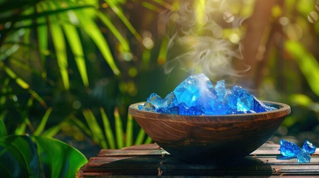 Glowing Blue Crystals in Wooden Bowl Surrounded by Lush Greenery with Gentle Smoke Rising in Enchanting Atmosphere