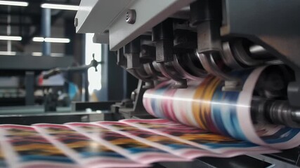 Printing Press Production Machine with Colorful Images in Action Close Up