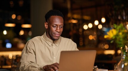 Man working on laptop at restaurant table.