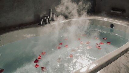 Steaming bathtub with rose petals and aromatherapy steam for relaxation and wellness.