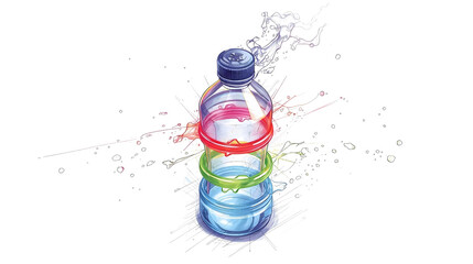 Illustration of a plastic bottle with colorful liquid layers on a black background with splashes on transparent background