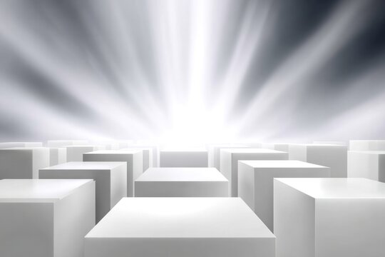 Radiant Ascent: An abstract composition, featuring rows of luminous blocks converging towards a source of light, symbolizing progress and innovation.