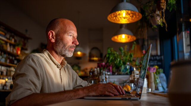 Man using laptop at bar.