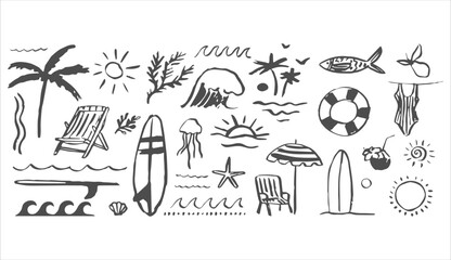 Hand-Drawn Summer Tropical Vacation Icon Set: Beach Umbrella, Palm Trees, Sailing Boat, and Sun Sketch Elements for Holiday and Travel Graphics.