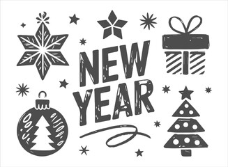 Hand-Drawn New Year Holiday Icon Set: Graphic Collection of Stars, Gift Box, Christmas Tree Ornament, and Festive Elements for Winter Celebrations.