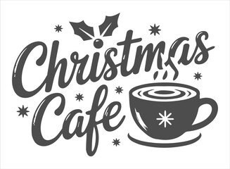Vintage Christmas Cafe Coffee Logo: Hand-Drawn Holly, Star, and Steaming Mug Design for Seasonal Restaurant Menu and Holiday Beverage Graphics.