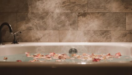 Steaming Bathtub with Rose Petals for a Relaxing Spa Experience.