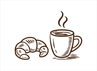 Hand-Drawn Morning Coffee and Croissant Sketch: Classic French Breakfast Illustration for Cafe Menu, Bakery, and Food and Beverage Graphics.
