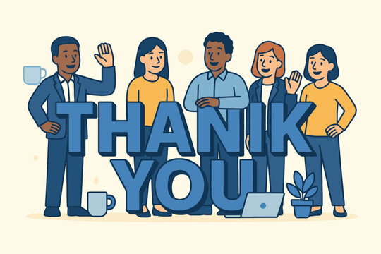 Diverse group of people waving and thanking you with large blue text