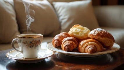 Steaming Coffee Cup and Fresh Croissants on a Table.