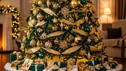 Beautifully decorated christmas tree with presents underneath in a cozy living room