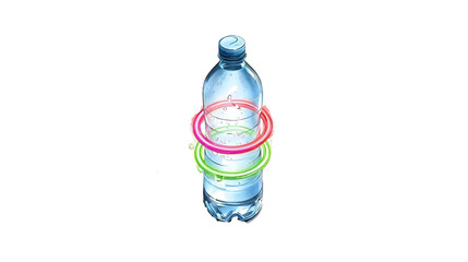 A clear plastic water bottle with glowing pink and green rings around it on a black background on transparent background