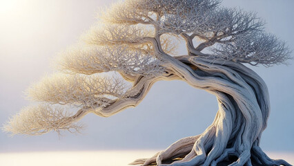 Elegant bonsai tree with a serene white palette creating a peaceful zen garden vibe, perfect for mindfulness promotions or spa designs with its calming effect