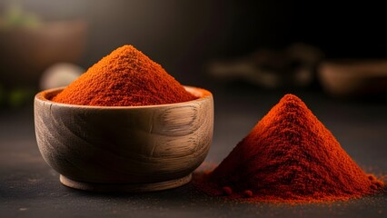 Red chili powder in wooden bowls hot aromatic spice food photography