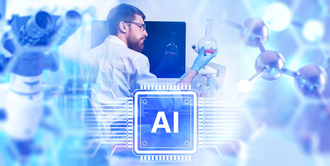 AI-driven laboratory research integrates machine learning with chemical analysis as a scientist studies samples to accelerate discoveries in modern scientific development.