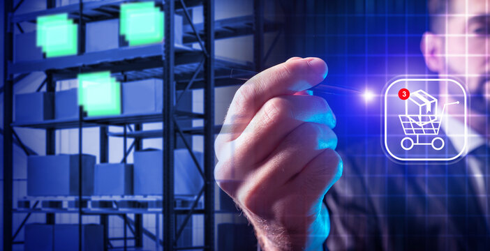 E-commerce logistics specialist manages digital order processing, selecting warehouse inventory through a virtual interface to streamline packing and shipping workflows.