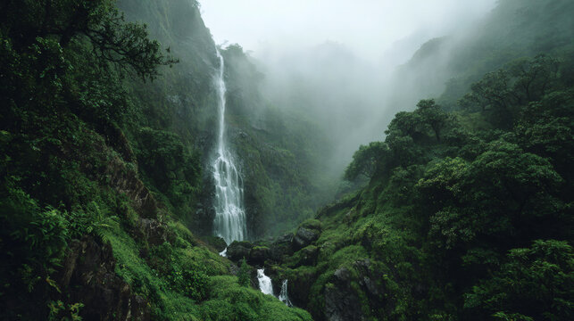 Misty waterfall surrounded by lush greenery in a natural setting
