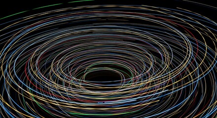 Abstract digital render of colorful circular light trails spiraling in a vortex pattern on a dark background