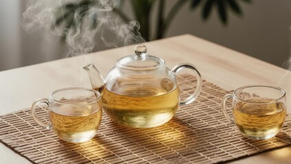 Steaming Hot Tea in Glass Teapot with Two Cups on Bamboo Mat.