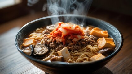 Steaming Bowl of Spicy Korean Kimchi Ramen Noodles with Tofu and Mushrooms.