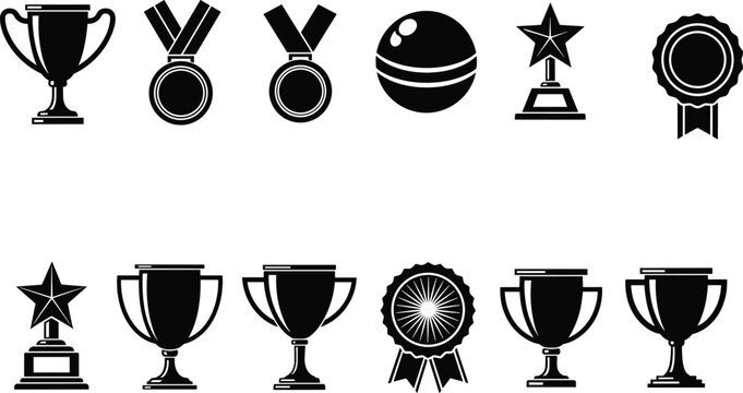 Award icons set, trophy, medal, ribbon, achievement symbols, black and white, sports recognition, academic honor, competition prize, vector silhouette design