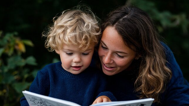 Woman and child reading book together outdoors.