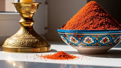 Exotic spice pyramid in vibrant bowl with golden candlestick, bringing warm flavor and rich cultural inspiration to culinary creations