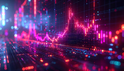 Digital Trading Trends: Dynamic, neon-lit data visualizations chart the course of financial markets, revealing complex trends and investment opportunities.