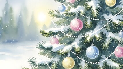 Decorated christmas tree in snowy winter forest with soft sunlight